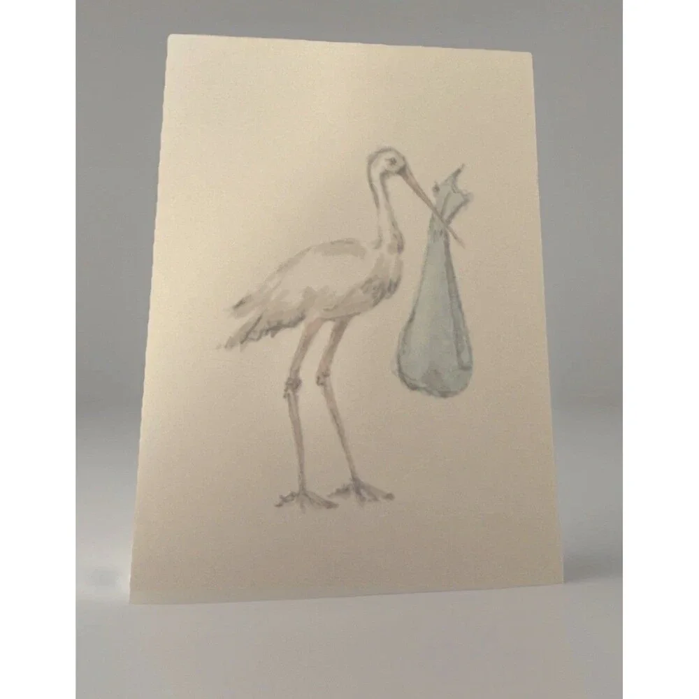 Vintage Oddballs Watercolor Ecru Notecards -Blue Stork - Baby Boy - 10 Pk